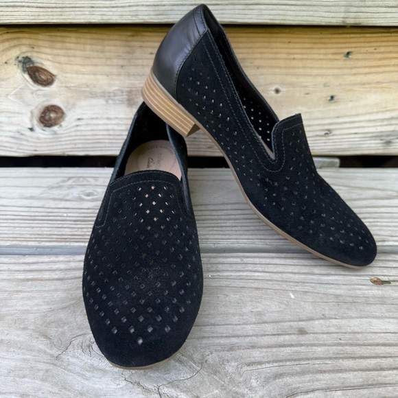 Clarks Shoes - Clarks Black Suede Juliet Hayes Loafer Perforated Diamond Rubber Sole Size 8.5 M